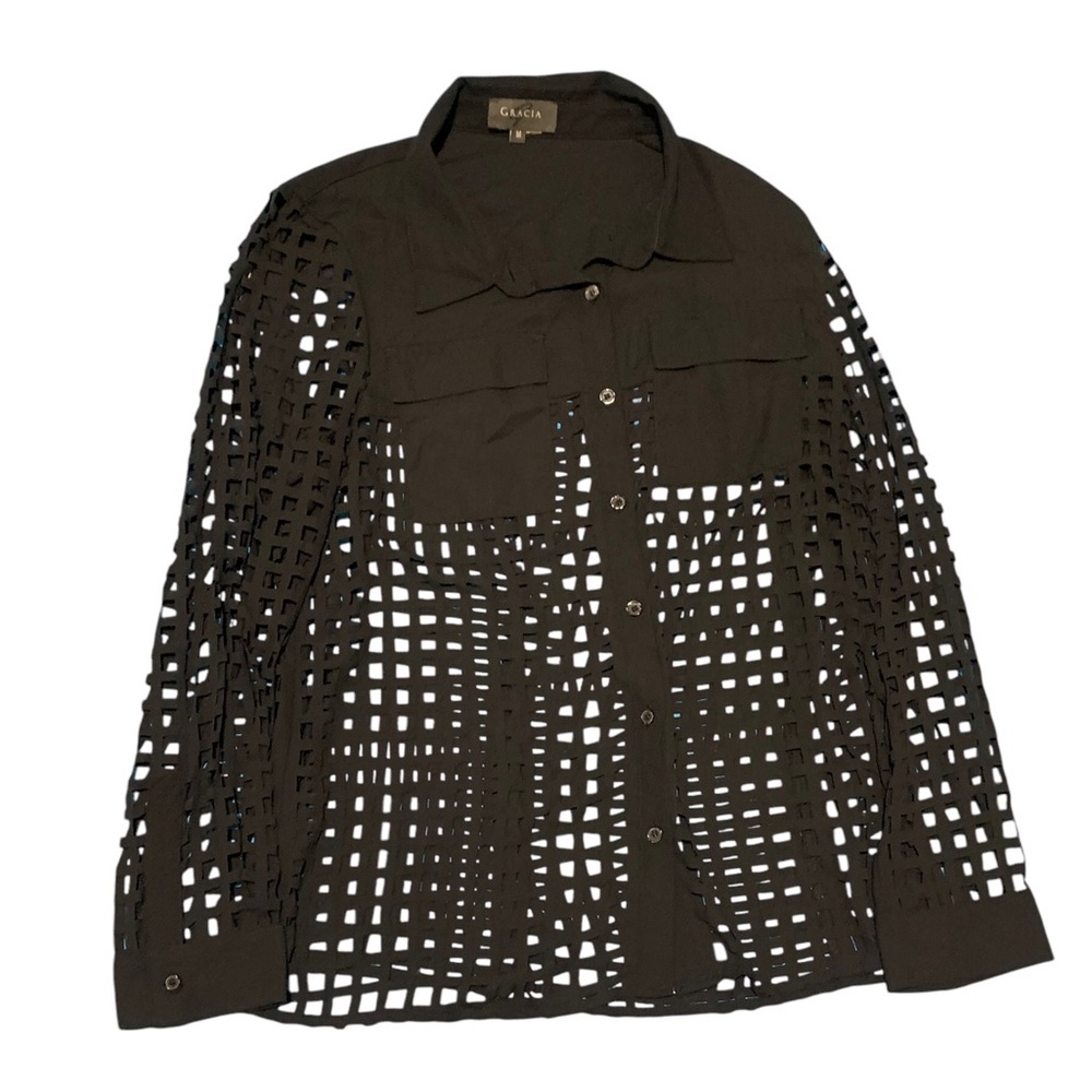 Gracia Black top Long sleeve hollow out plaid